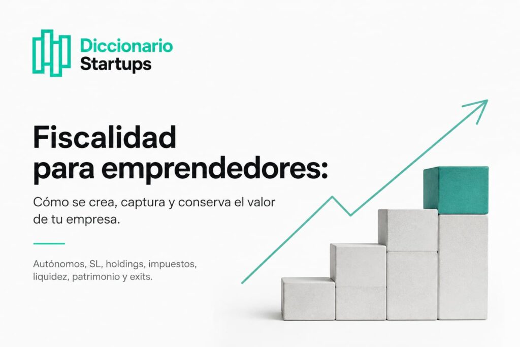 Ilustración sobre fiscalidad para emprendedores en España mostrando el recorrido del valor desde la idea hasta el patrimonio y el exit