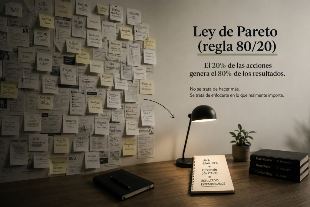 Ilustración editorial sobre la Ley de Pareto, el foco estratégico y cómo el 20% de las acciones genera la mayoría de los resultados.