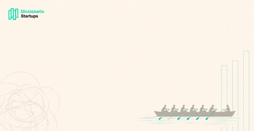 Imagen editorial minimalista sobre startups early-stage con una trainera remando en equipo, elementos visuales de claridad estratégica y diseño inspirado en Diccionario Startups.